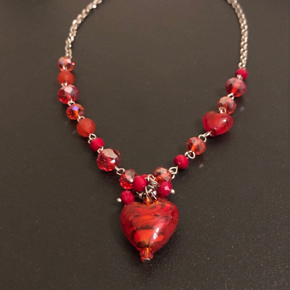 Glass Red Heart Pendant Beaded Necklace - Women Jewelry Necklace